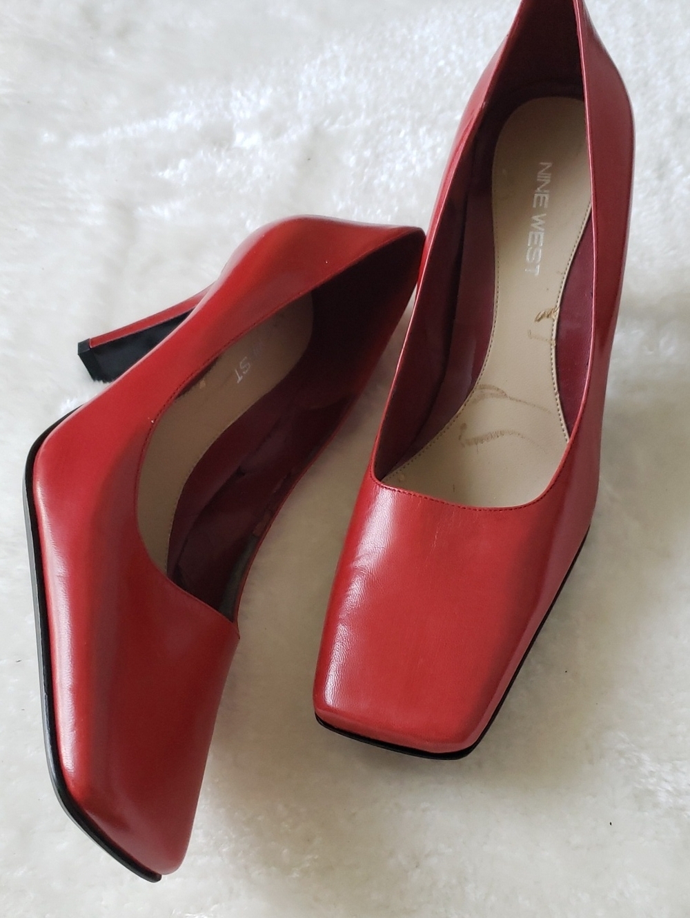 Classic Nine West Red Square-Toe Leather Pumps